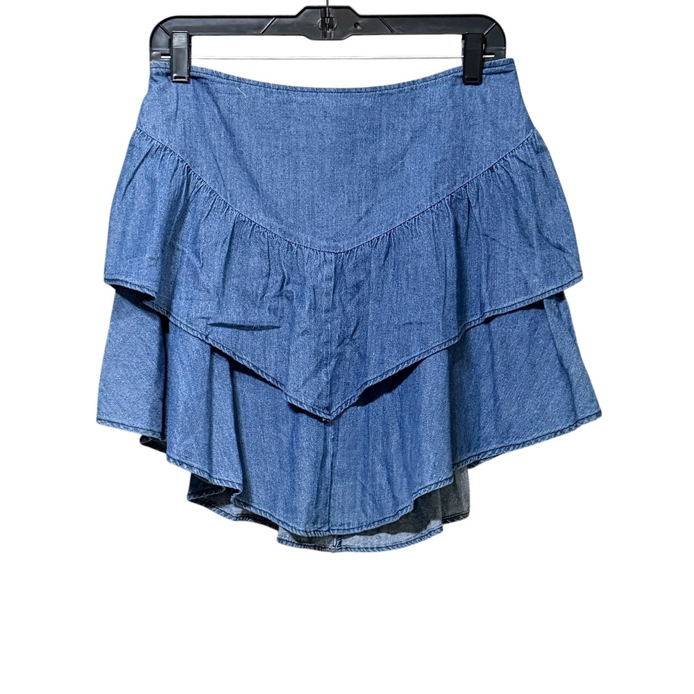 BCBGeneration Blue Denim Tiered Ruffle Mini Skirt Small Chambray High Low Zip‎